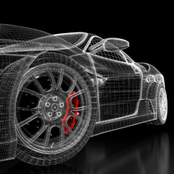 Car vehicle 3d blueprint mesh model with a red brake caliper on a black background. 3d rendered image